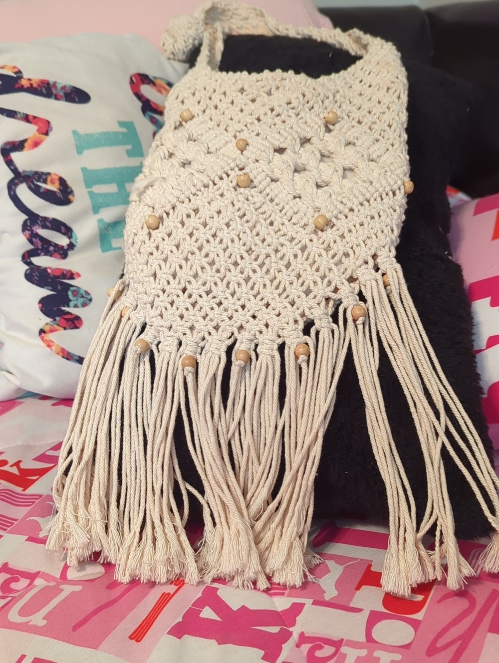 Cream Macramé Fringe Shoulder Bag